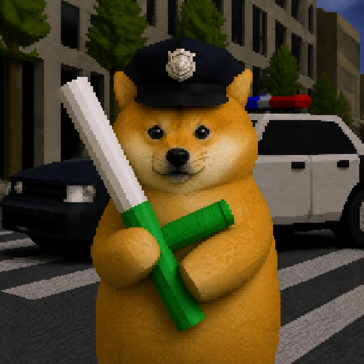 A low-poly Shiba Inu dog in a police officer cap holding a green baton, standing on a faceted city crosswalk